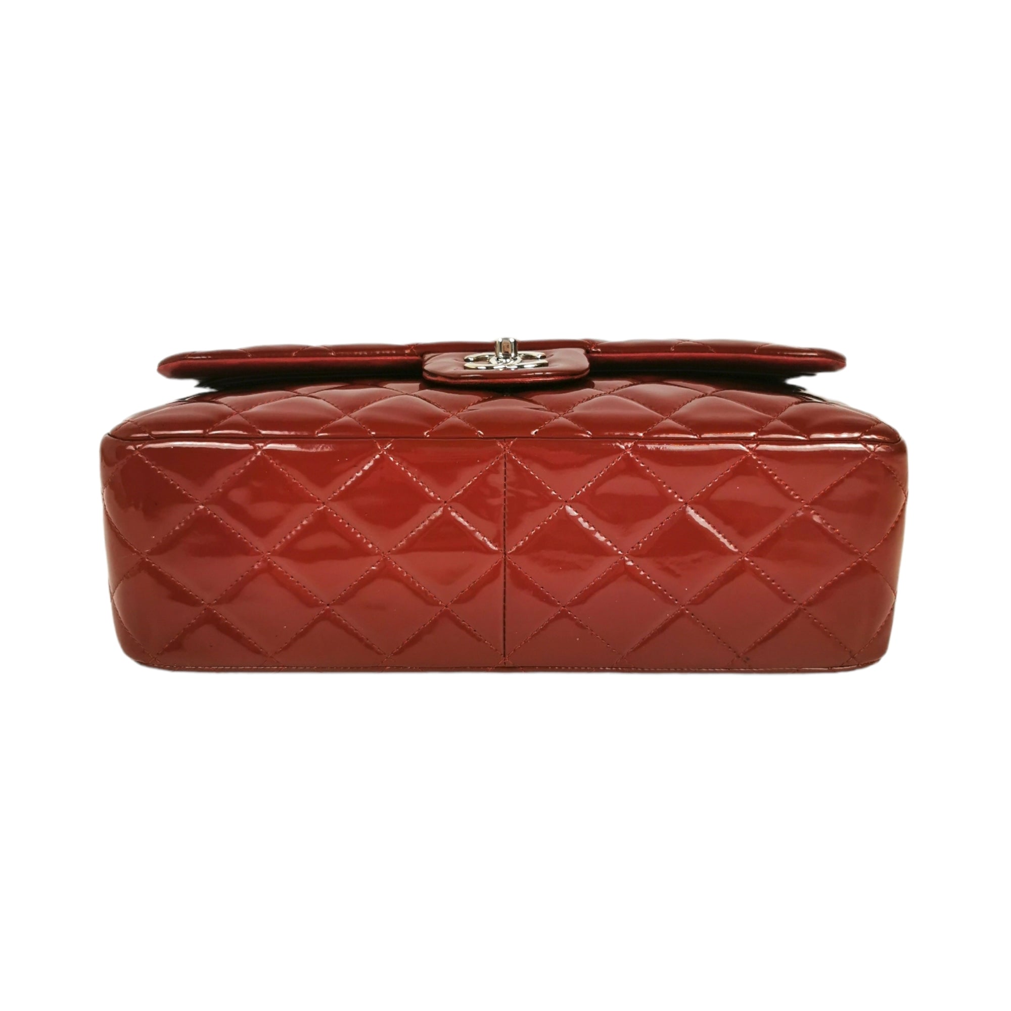 Chanel Classic Double Flap Jumbo Red Patent Leather Silver