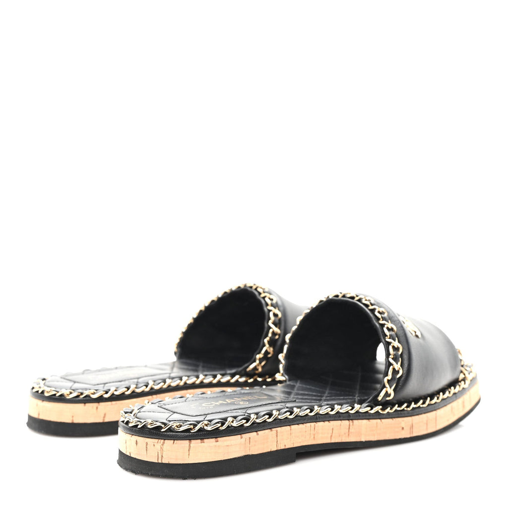 Lambskin Chain Cork Slide Sandals 37 Black