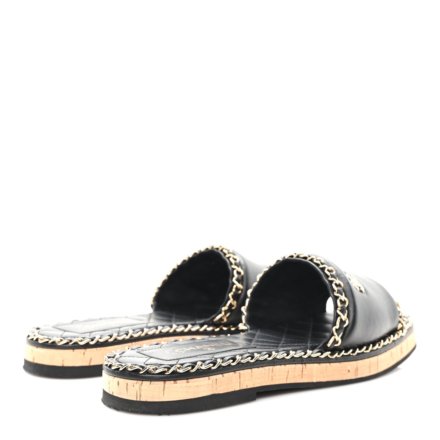Lambskin Chain Cork Slide Sandals 37 Black