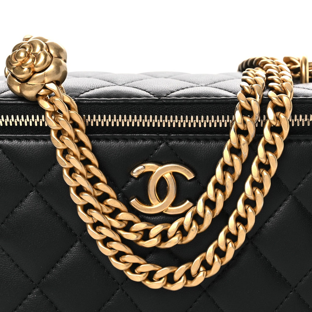 Chanel Lambskin Quilted Camellia Vanity Case Black