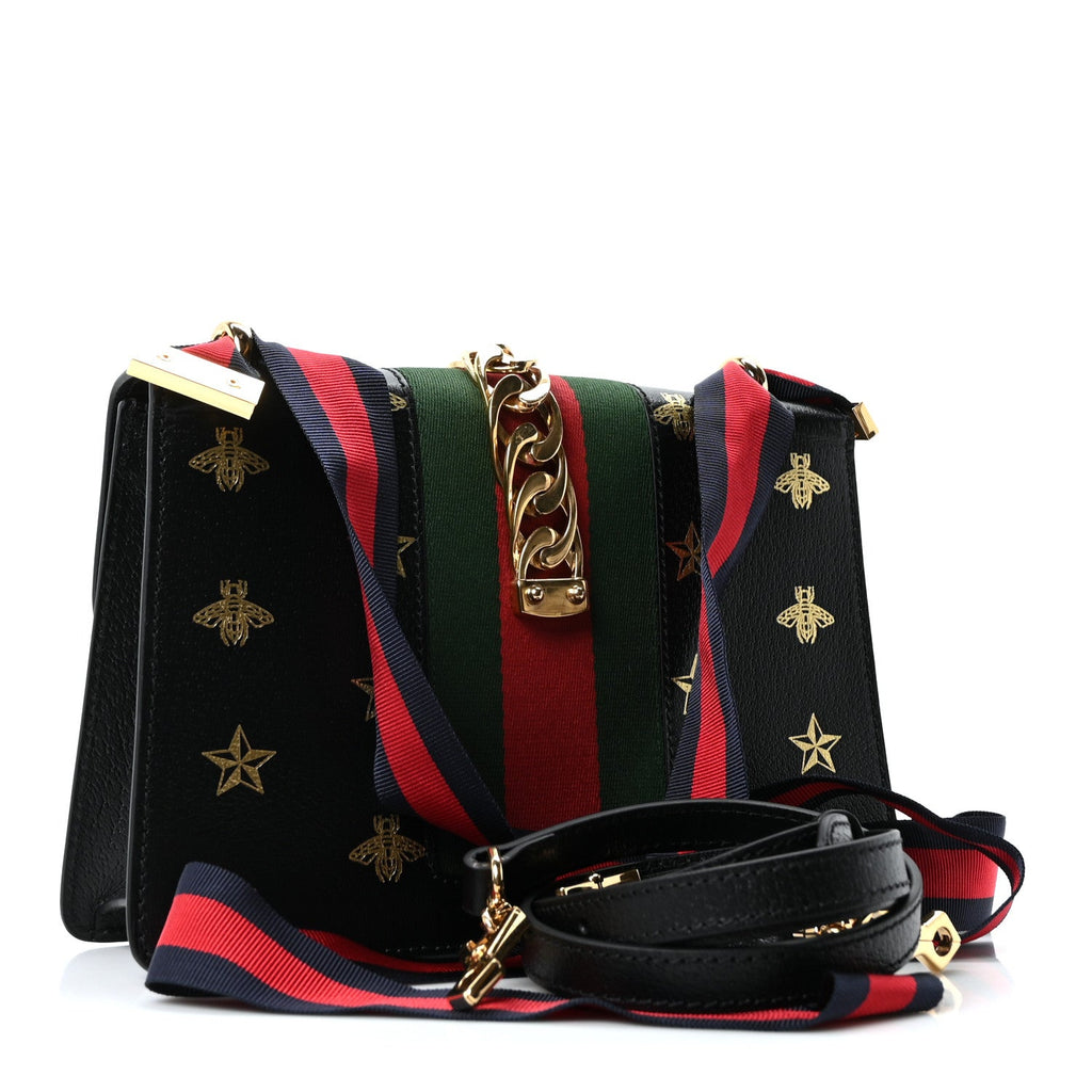 Gucci Textured Calfskin Bee Star Print Small Sylvie Shoulder Bag Black
