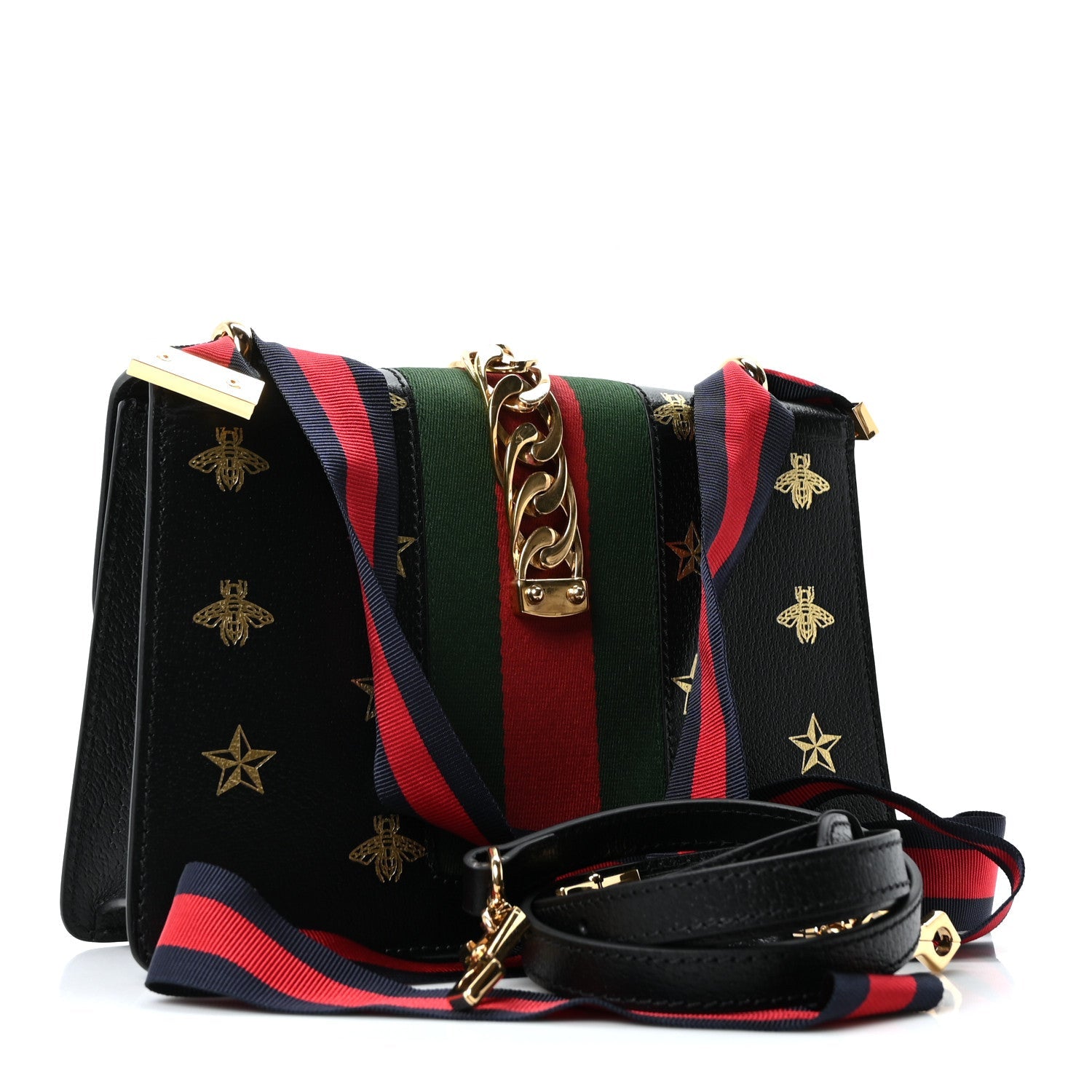 Gucci Textured Calfskin Bee Star Print Small Sylvie Shoulder Bag Black