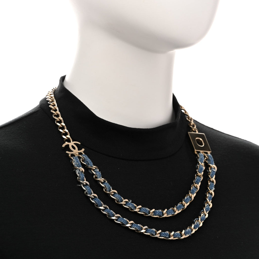 Metal Denim CC Double Chain Necklace Blue Gold