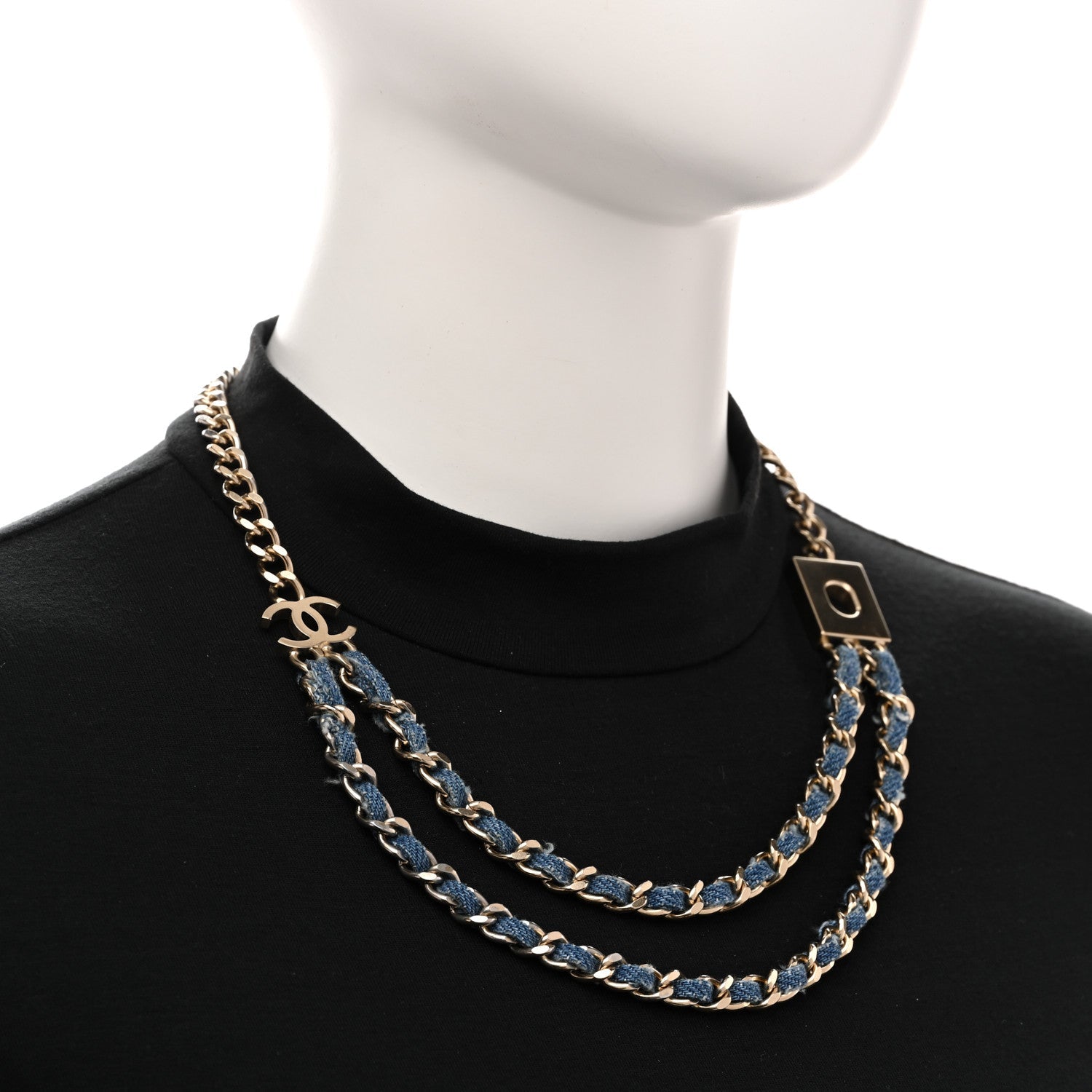 Metal Denim CC Double Chain Necklace Blue Gold