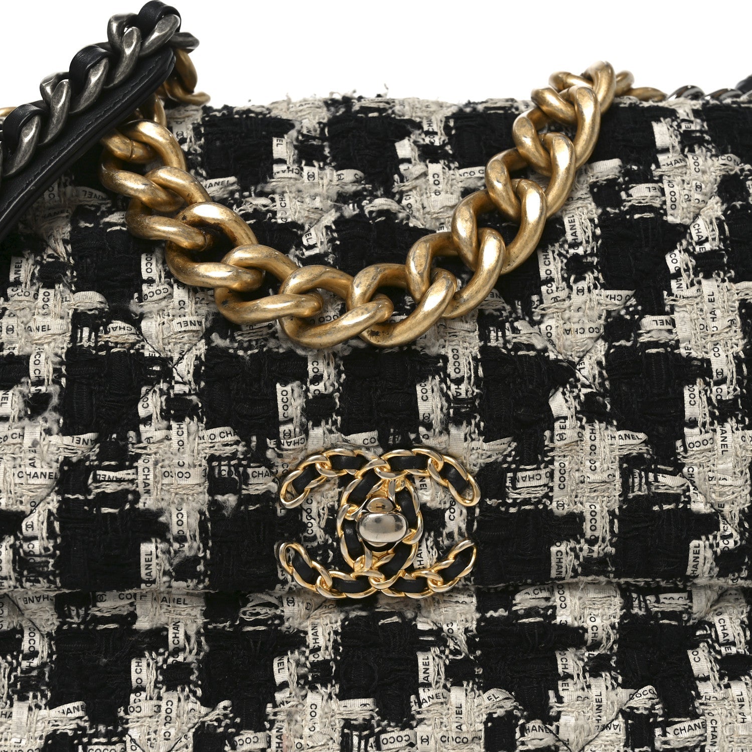 Chanel Tweed Quilted Large Chanel 19 Flap Black Ecru White