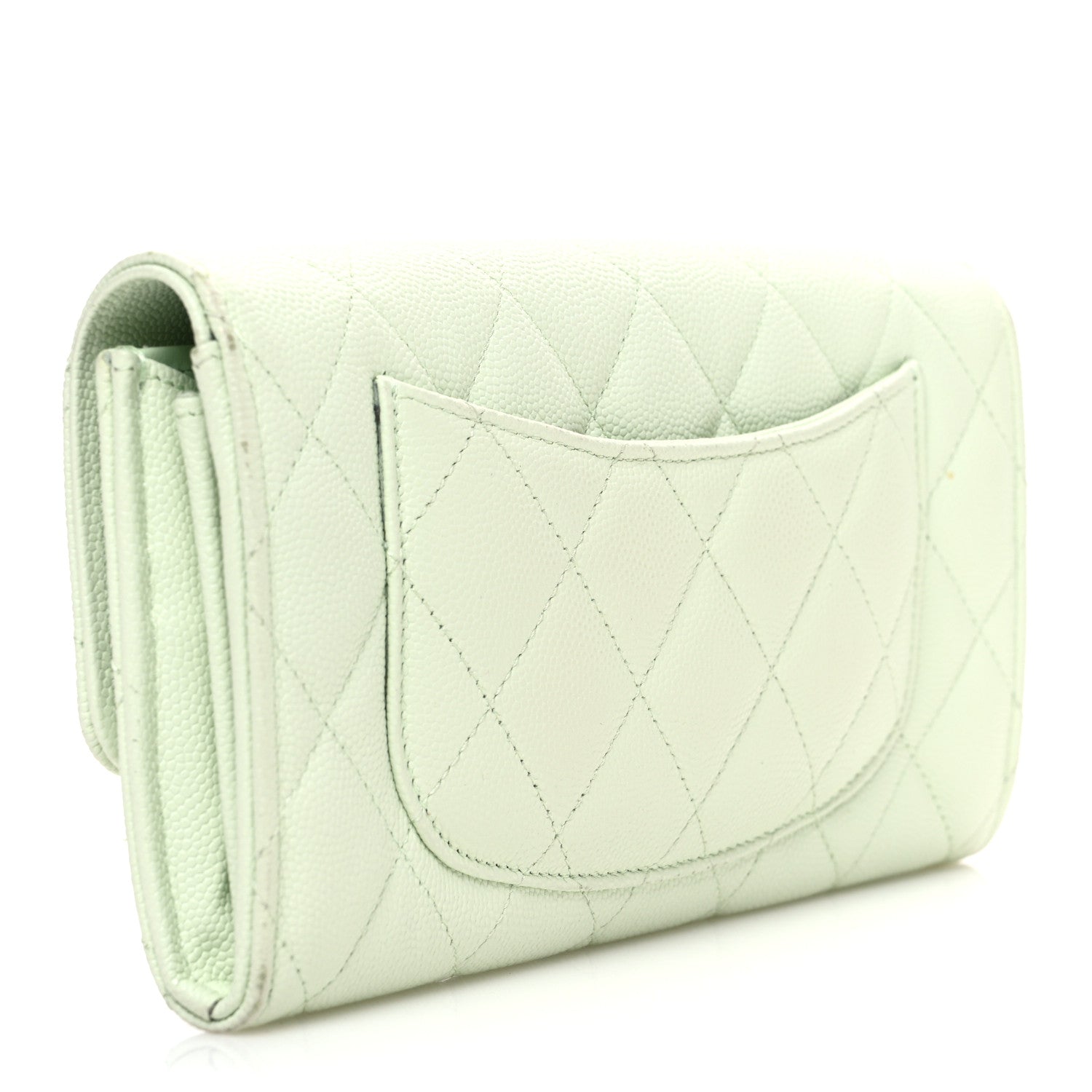 Caviar Quilted Large Gusset Flap Wallet Light Green