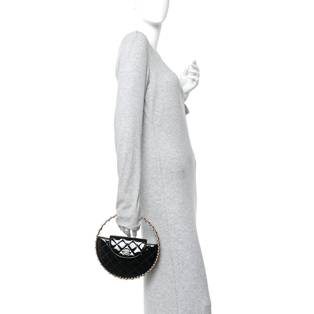 Chanel Patent Calfskin Quilted Chain Hoop Bag Black
