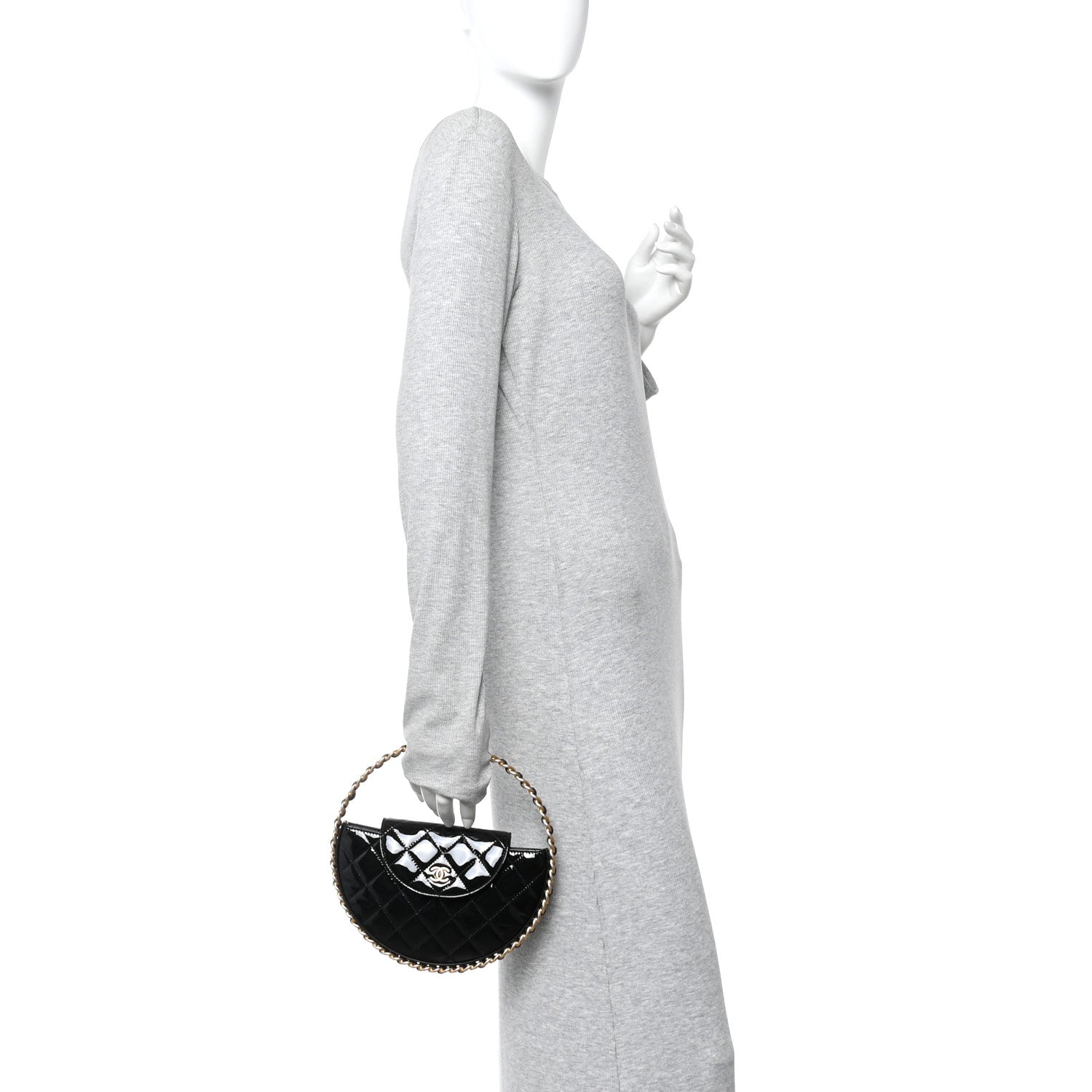 Chanel Patent Calfskin Quilted Chain Hoop Bag Black