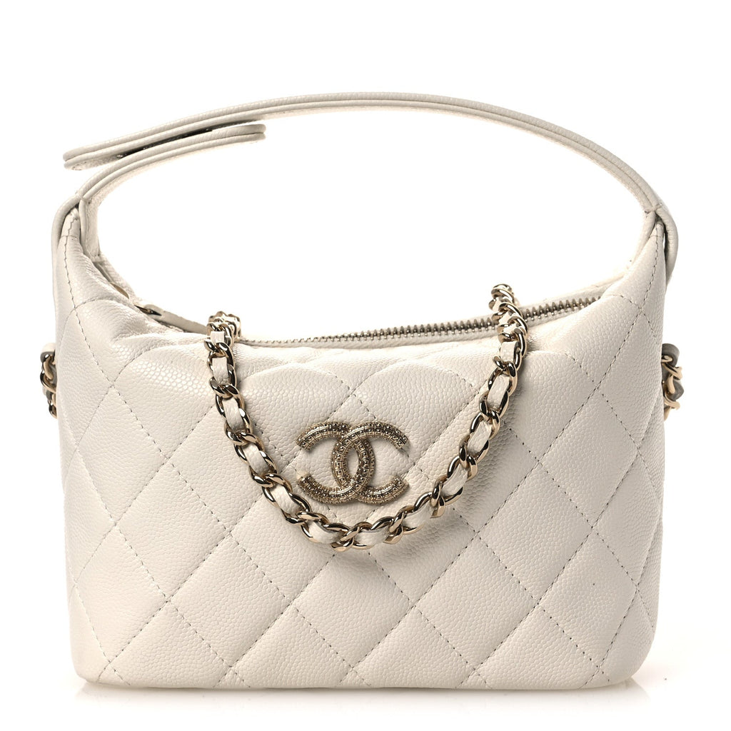 Chanel Caviar Quilted Hobo Clutch With Chain White