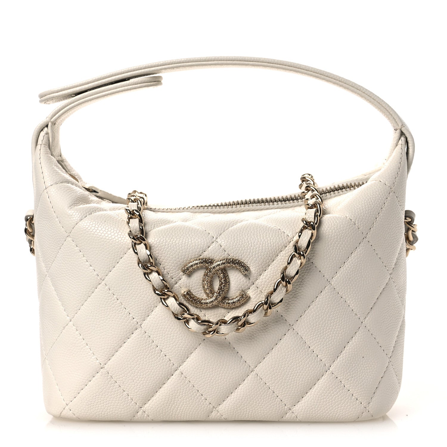 Chanel Caviar Quilted Hobo Clutch With Chain White