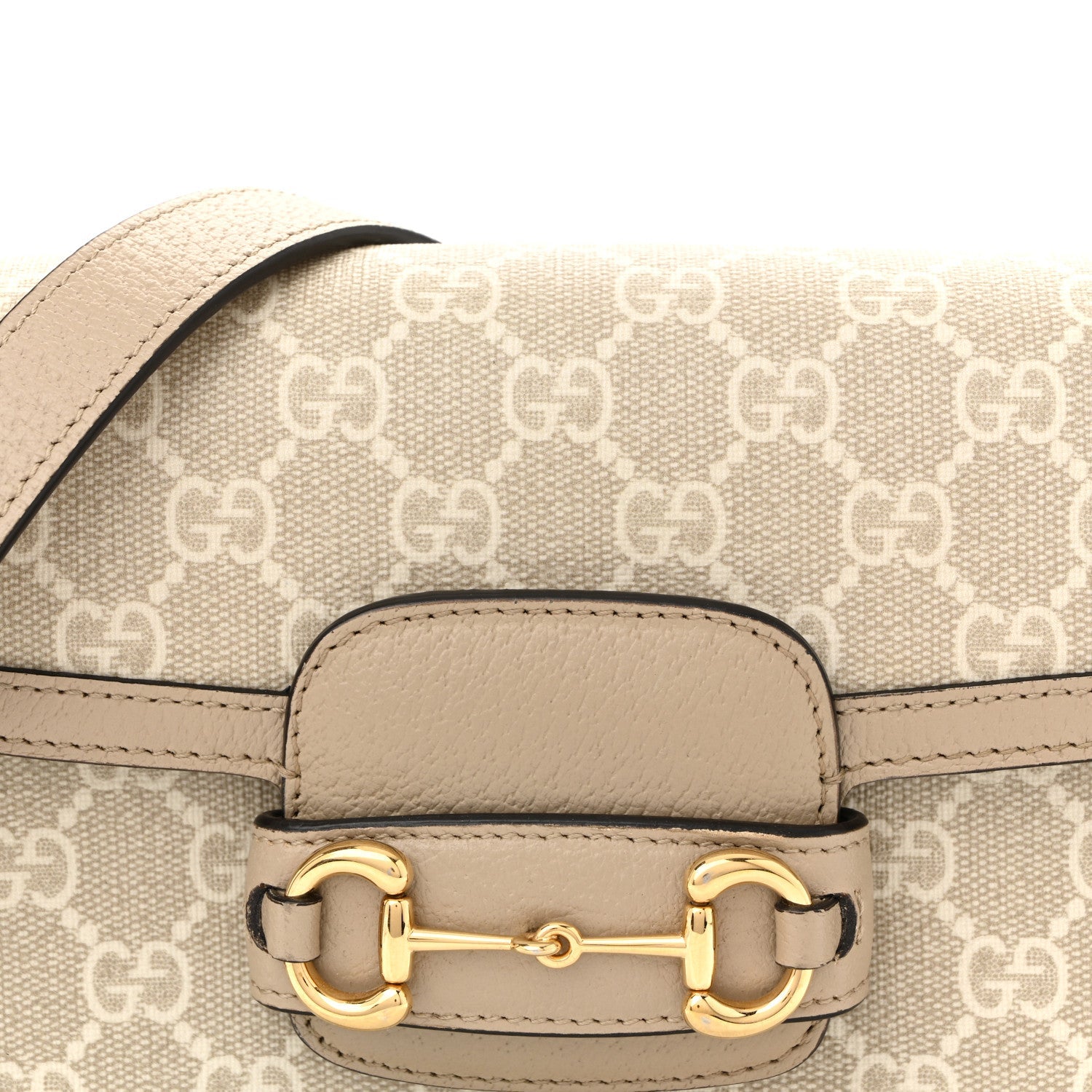 Gucci GG Supreme Monogram Textured Dollar Calfskin Web Mini Horsebit 1955 Shoulder Bag Beige Mystic White Oatmeal