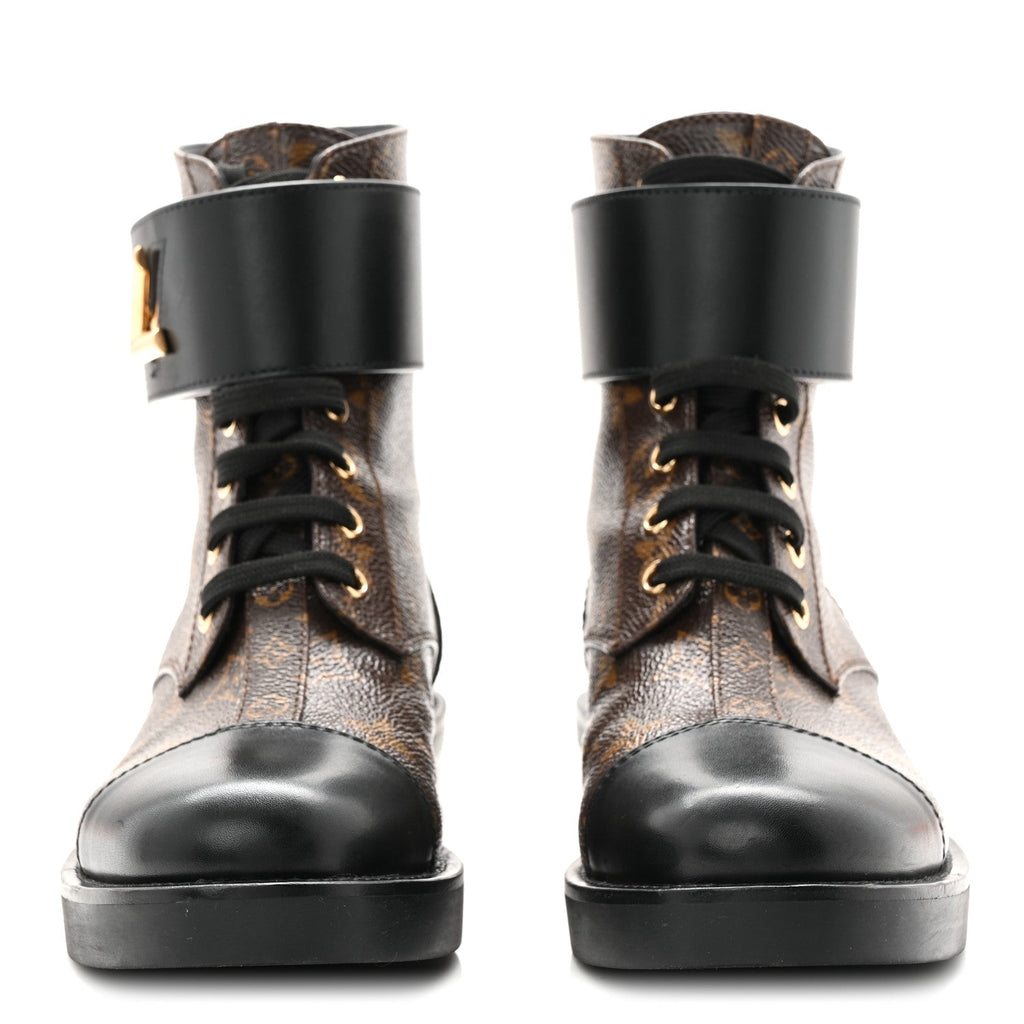 Louis Vuitton Calfskin Monogram Wonderland Flat Ranger Boots 36.5 Black