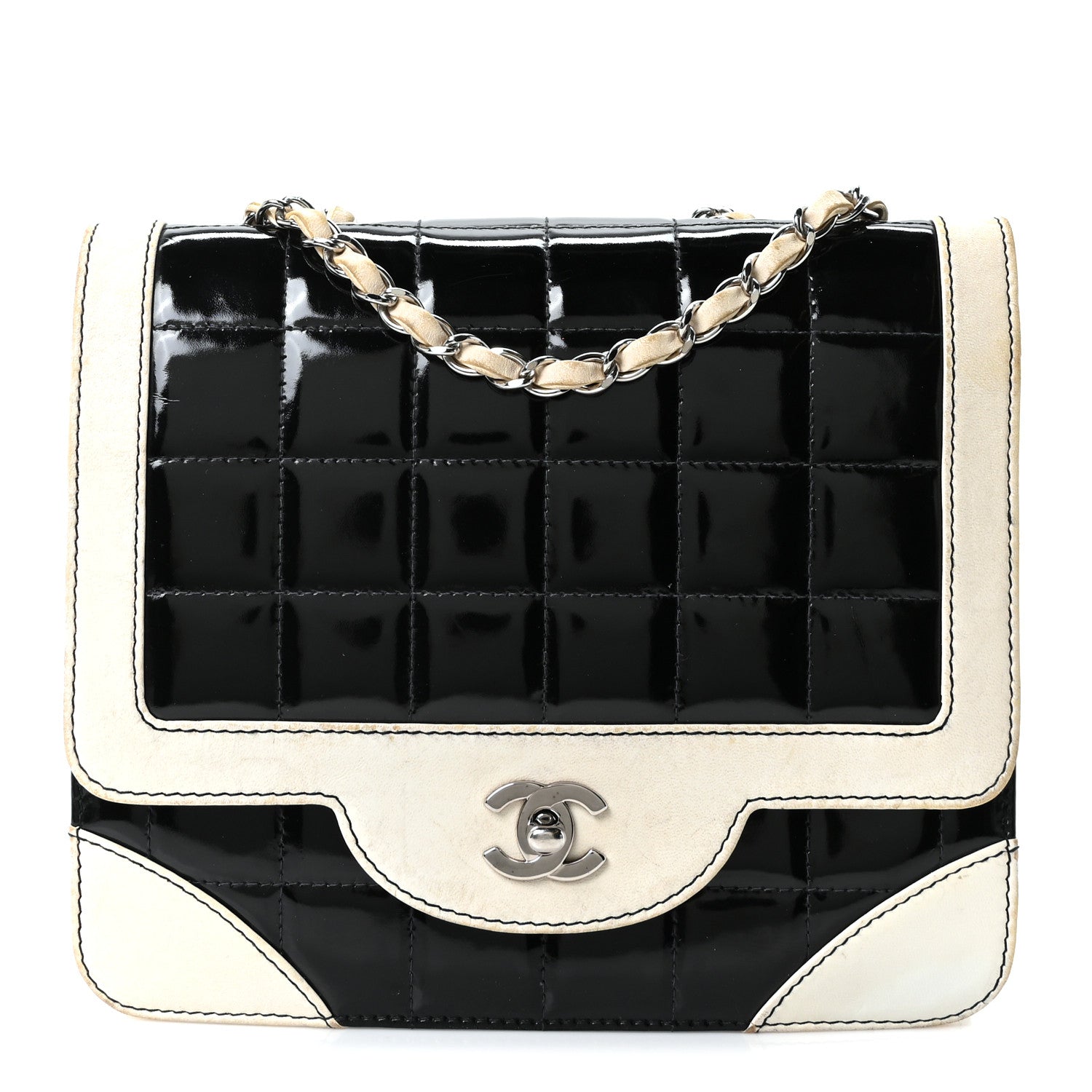 Chanel Lambskin Patent Chocolate Bar Flap Black White
