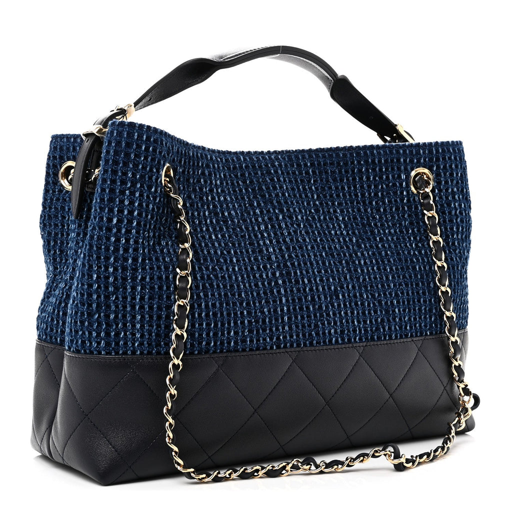 Chanel Tweed Shiny Lambskin Quilted Coco Base Small Shopping Bag Dark Blue