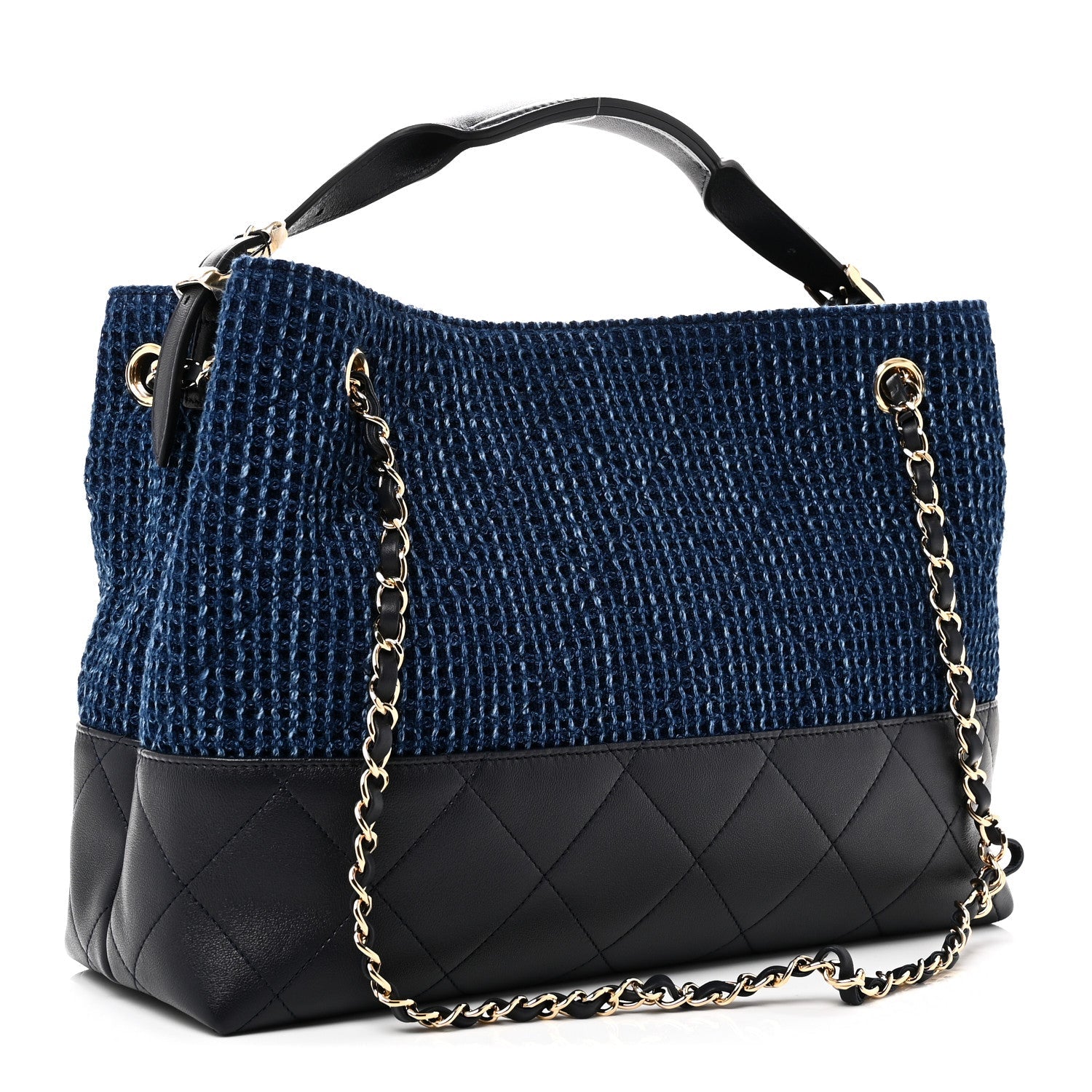 Chanel Tweed Shiny Lambskin Quilted Coco Base Small Shopping Bag Dark Blue