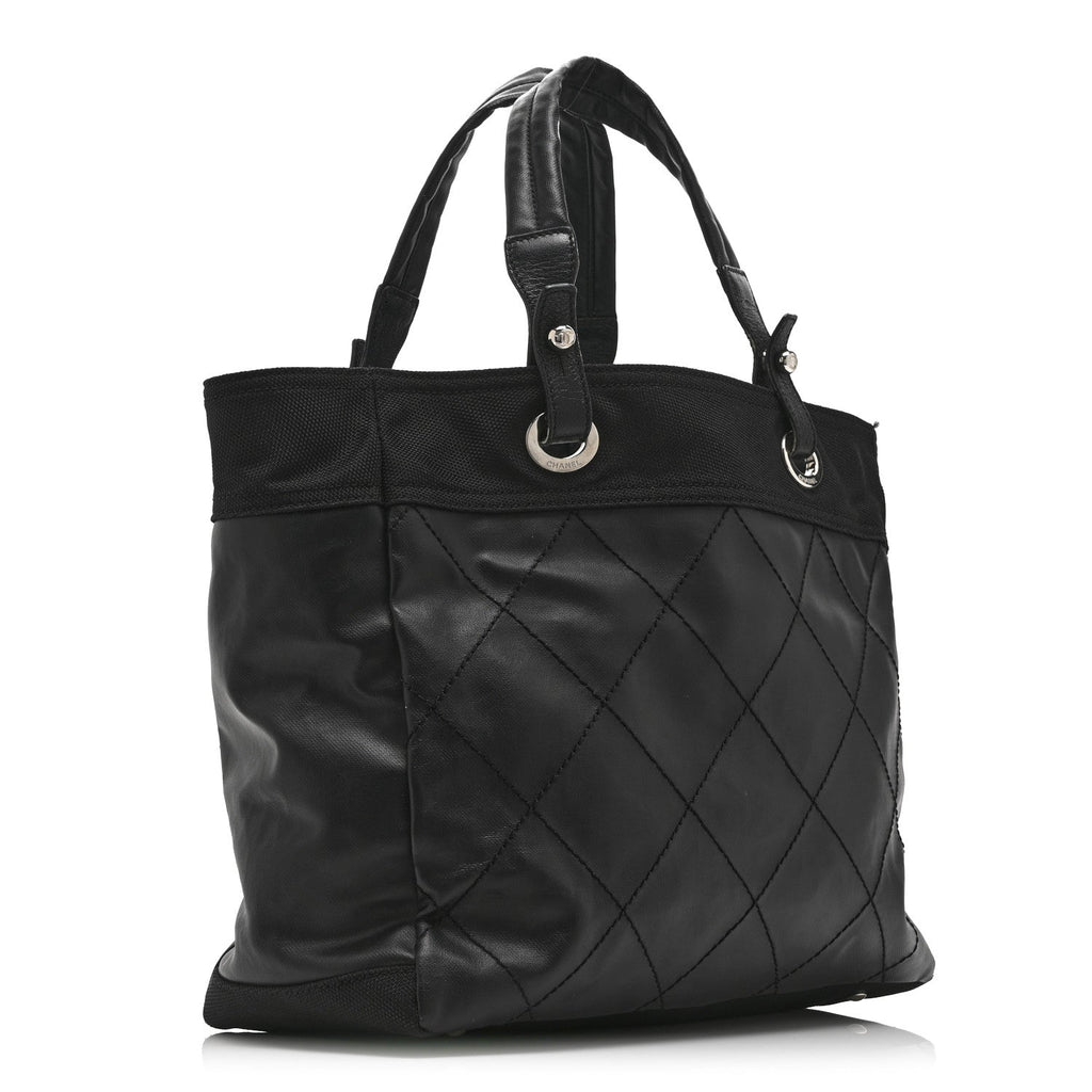Chanel Coated Canvas Quilted Large Paris Biarritz Tote Black
