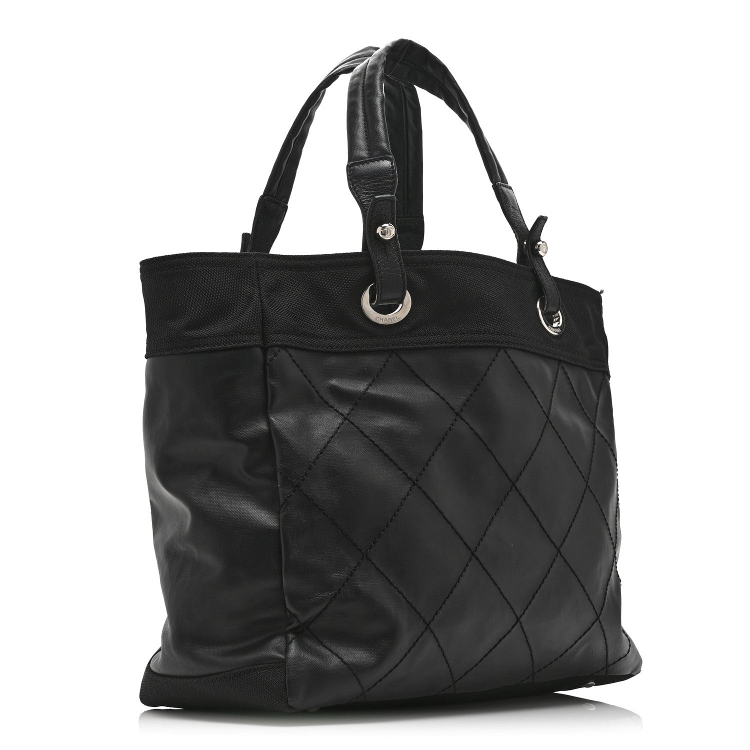 Chanel Coated Canvas Quilted Large Paris Biarritz Tote Black