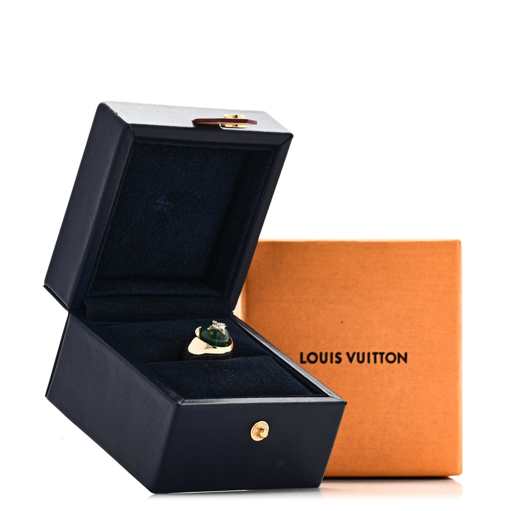 Louis Vuitton 18K Yellow Gold Diamond Malachite Blossom Signet Ring 49 5