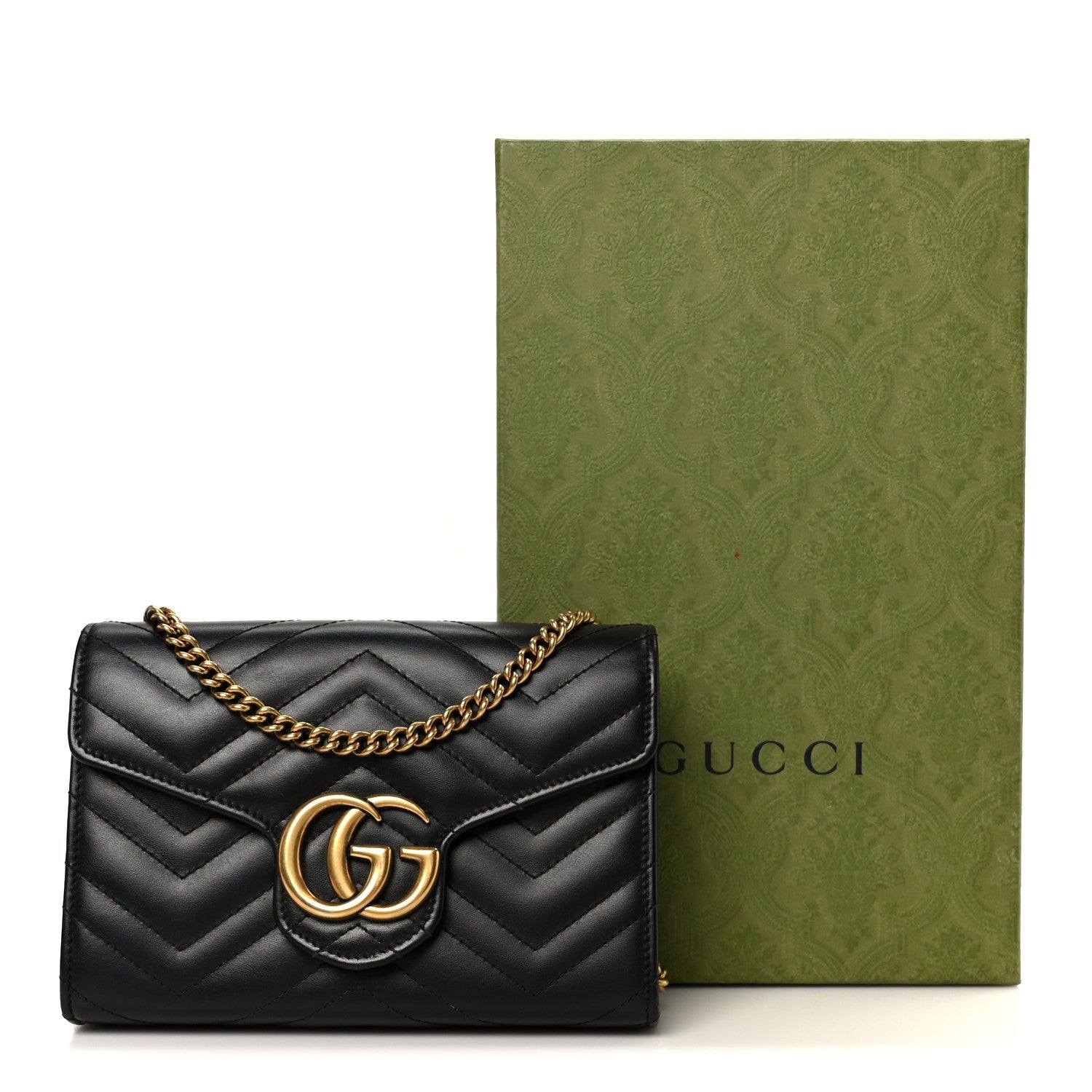 Gucci Calfskin Matelasse GG Marmont Chain Wallet Black