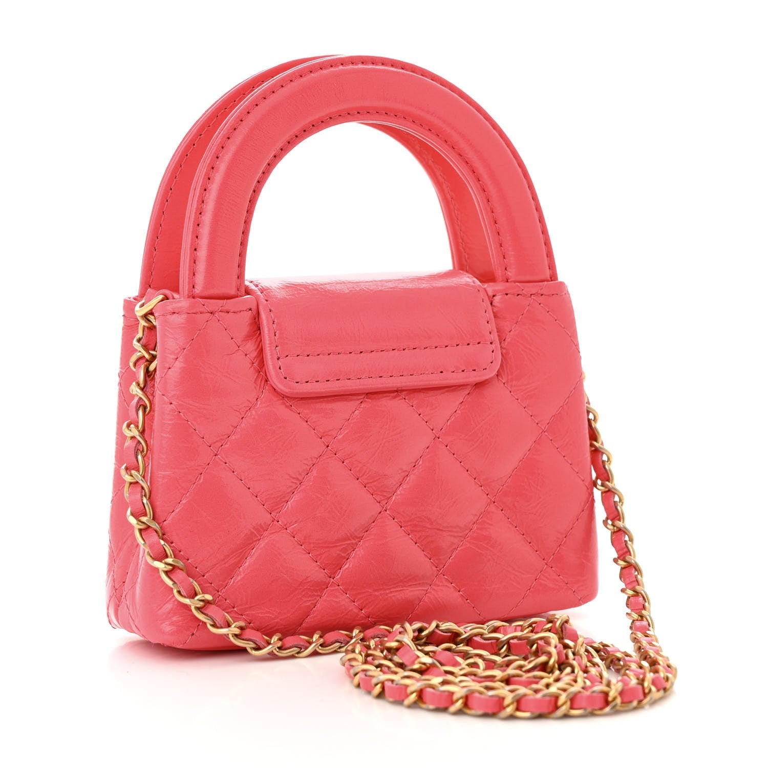 Chanel Shiny Aged Calfskin Quilted Mini Nano Kelly Shopper Dark Pink