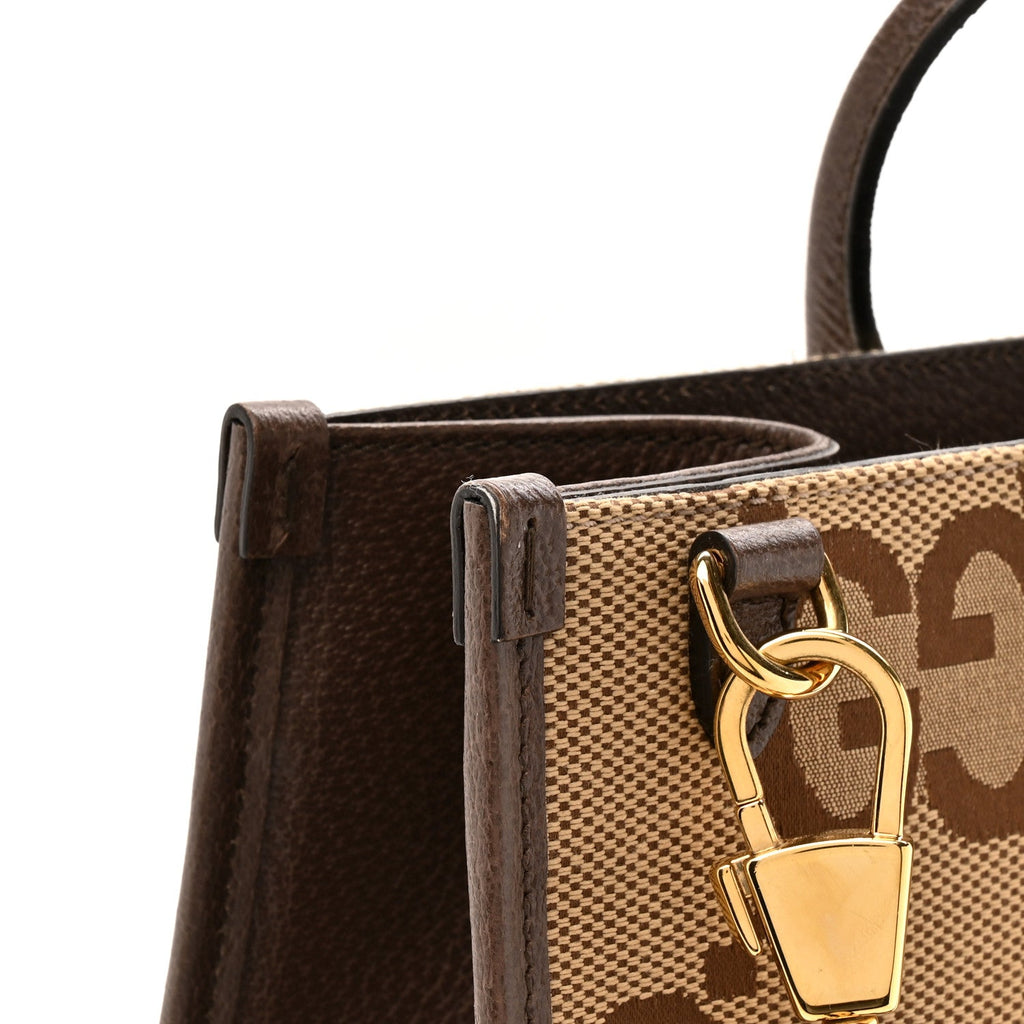 Gucci Monogram Jumbo GG Textured Dollar Calfskin Web Tote Bag Camel Ebony New Acero