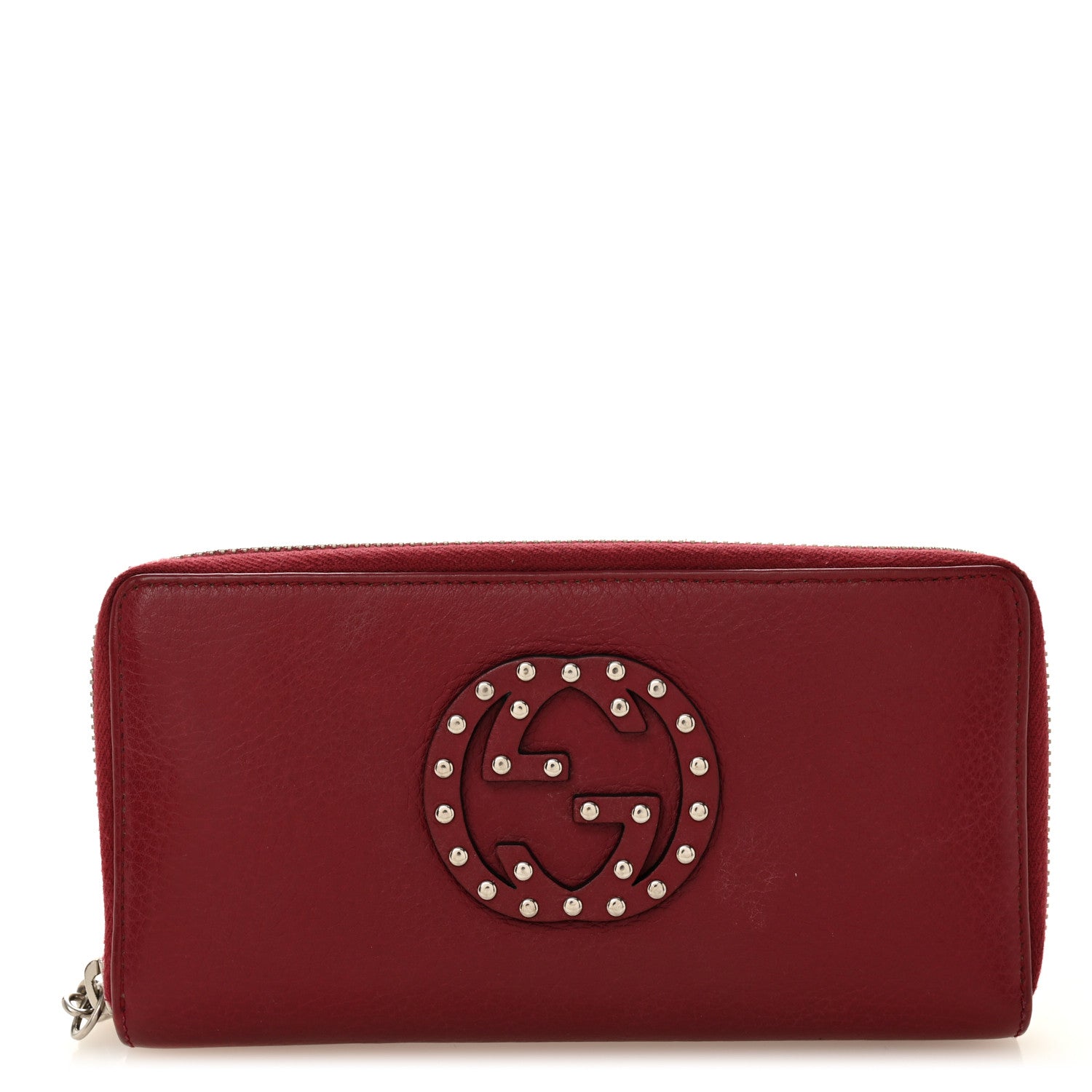 Gucci Pebbled Calfskin Studded Soho Zip Around Wallet Soft Burgundy