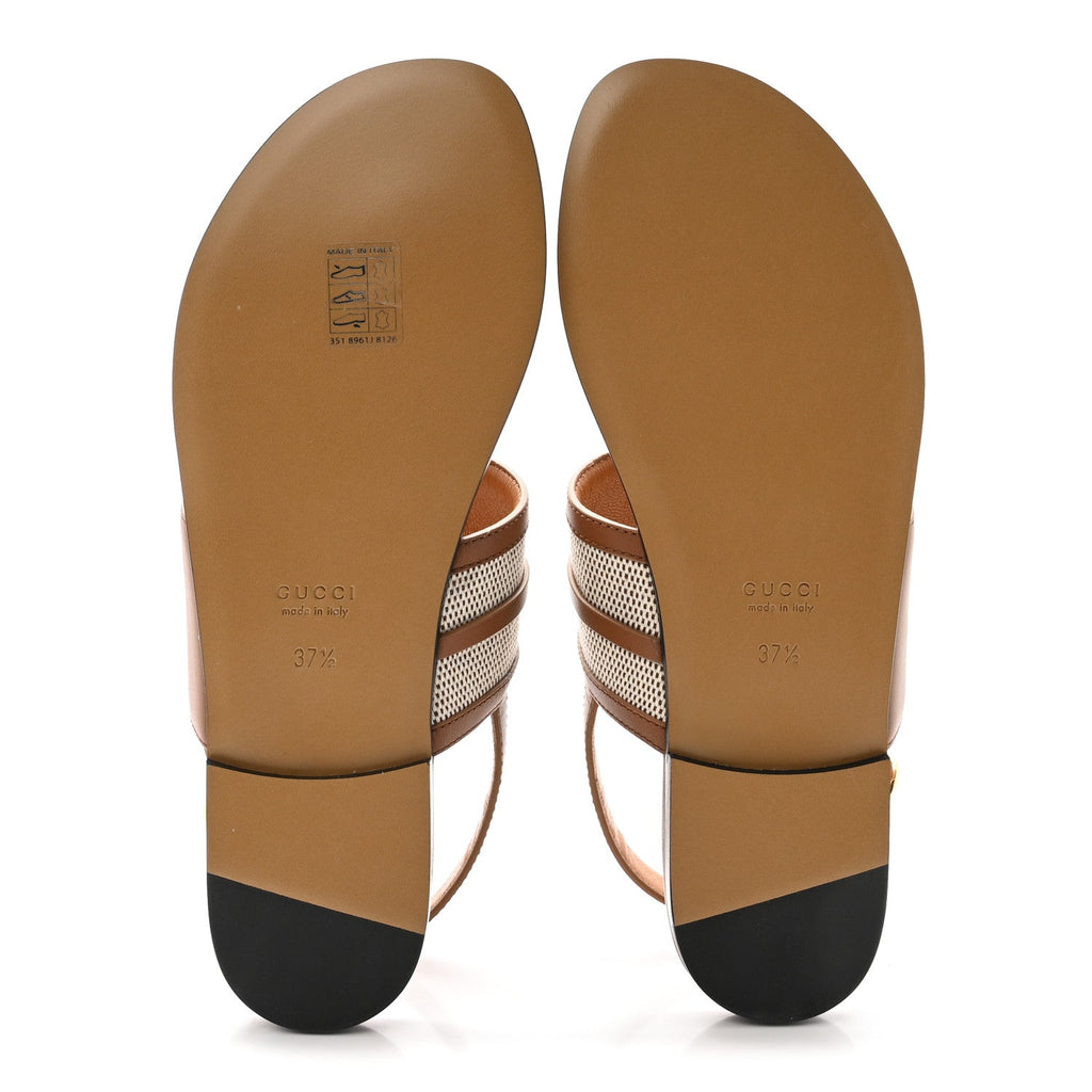 Gucci Calfskin Canvas Rice Horsebit Thong Sandals 37.5 Sundial Brown Natural