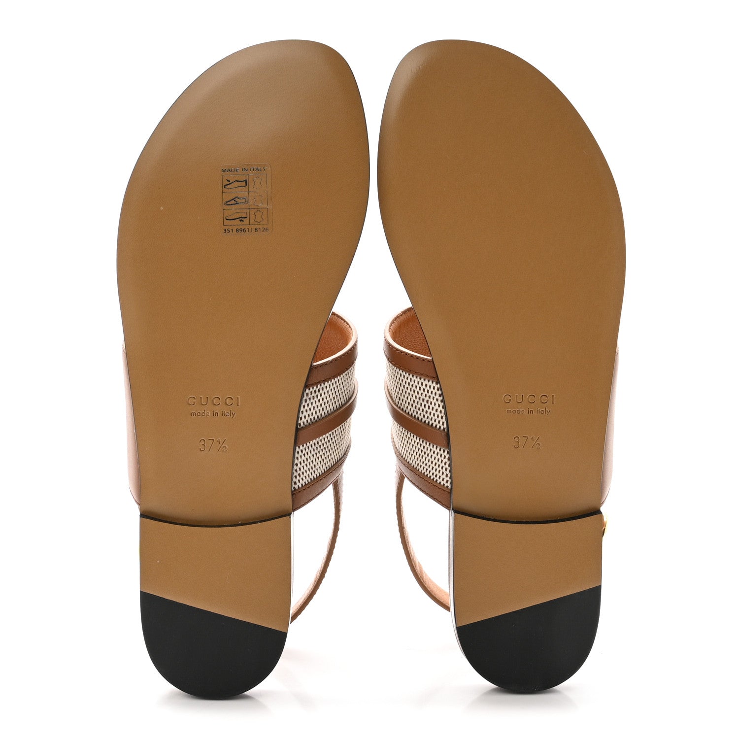 Gucci Calfskin Canvas Rice Horsebit Thong Sandals 37.5 Sundial Brown Natural