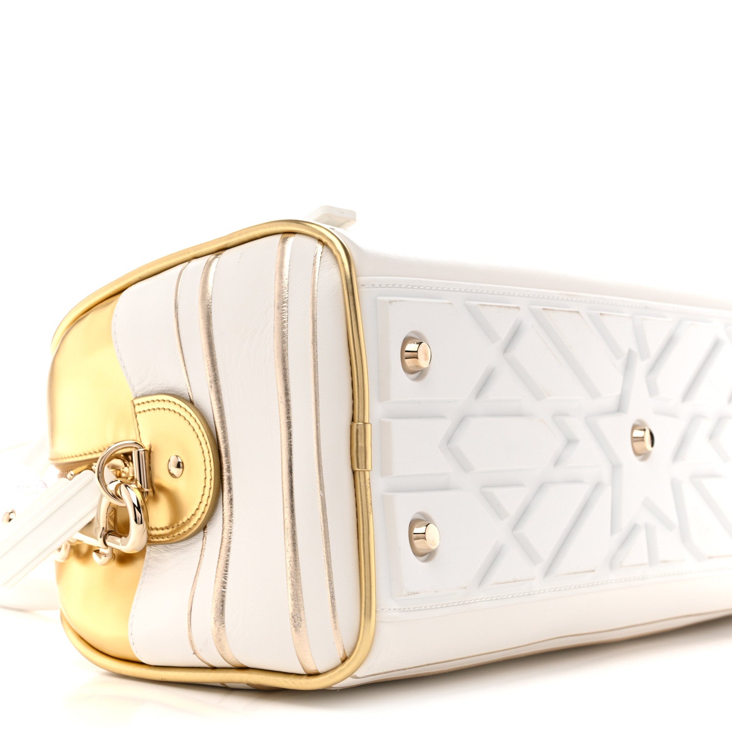 Christian Dior Calfskin Padded Macrocannage Medium Dior Vibe Zip Bowling Bag White Gold