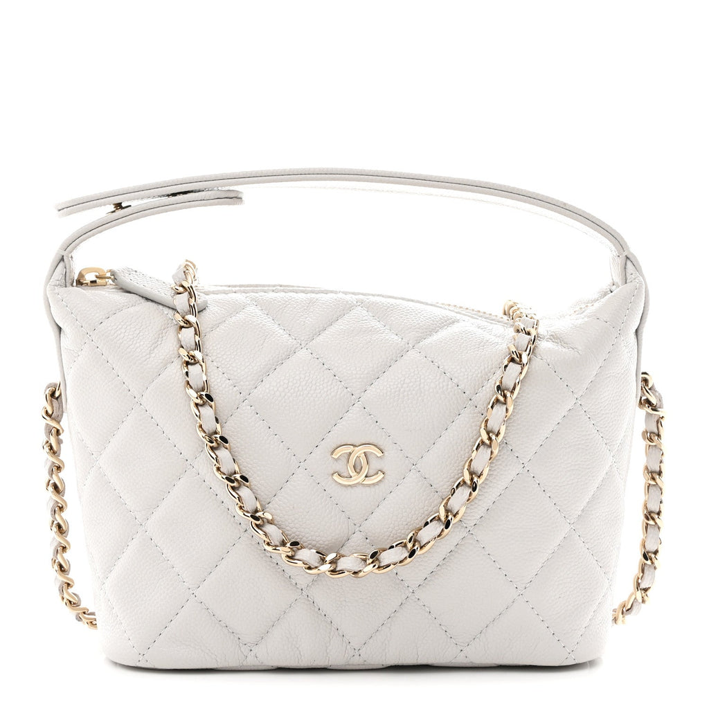 Chanel Shiny Caviar Quilted Hobo Clutch With Chain Light Grey
