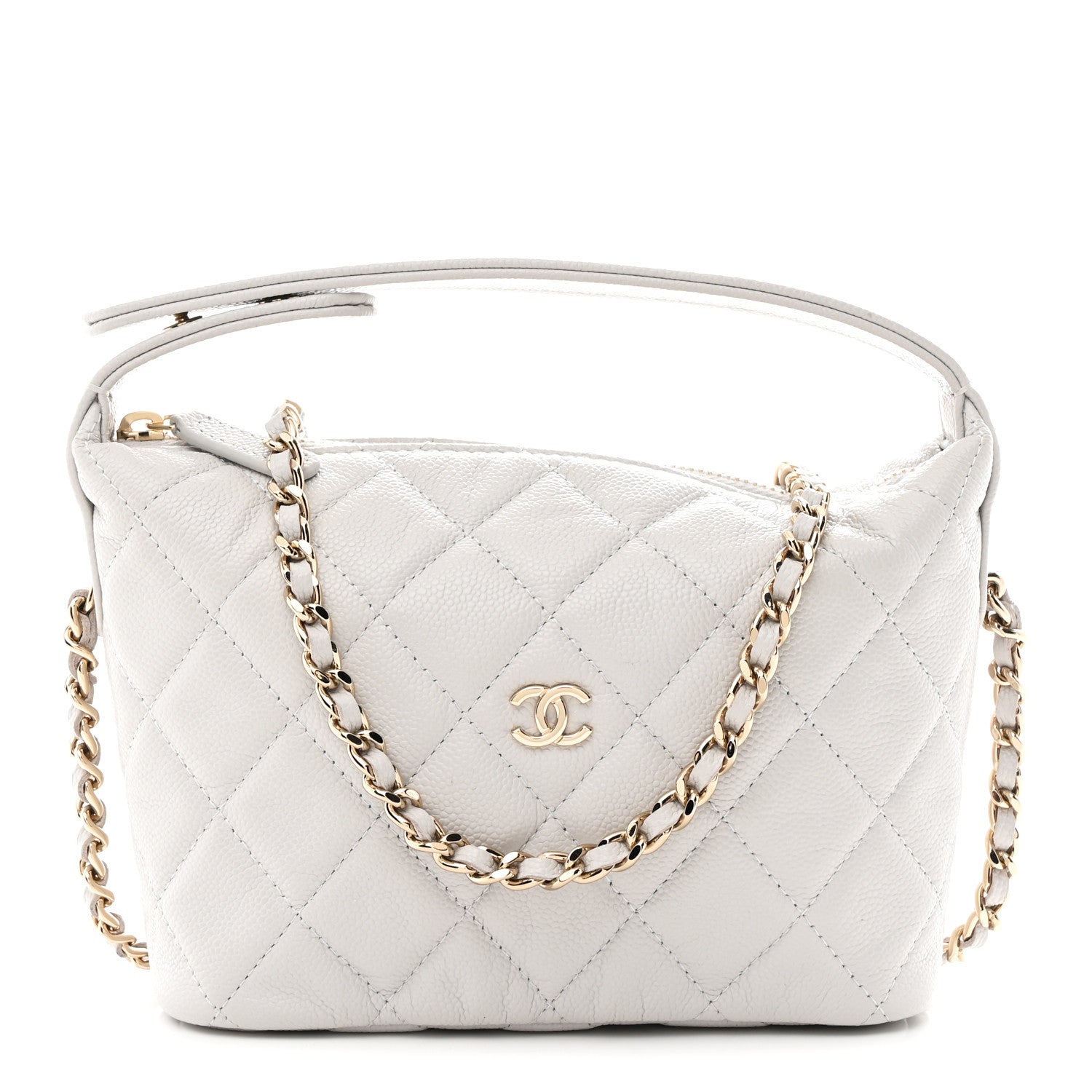 Chanel Shiny Caviar Quilted Hobo Clutch With Chain Light Grey