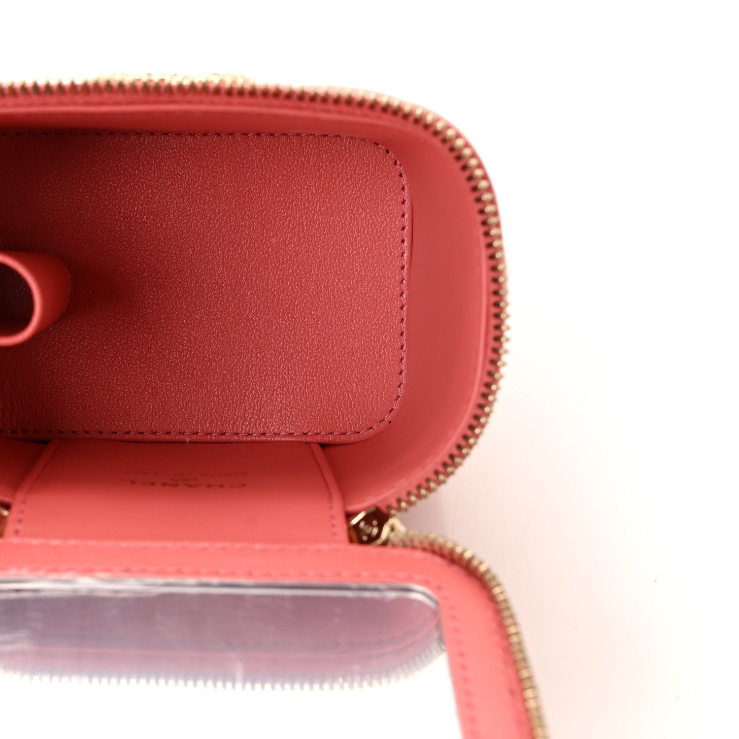 Chanel Lambskin Quilted Crystal Top Handle Mini Vanity Case With Chain Coral