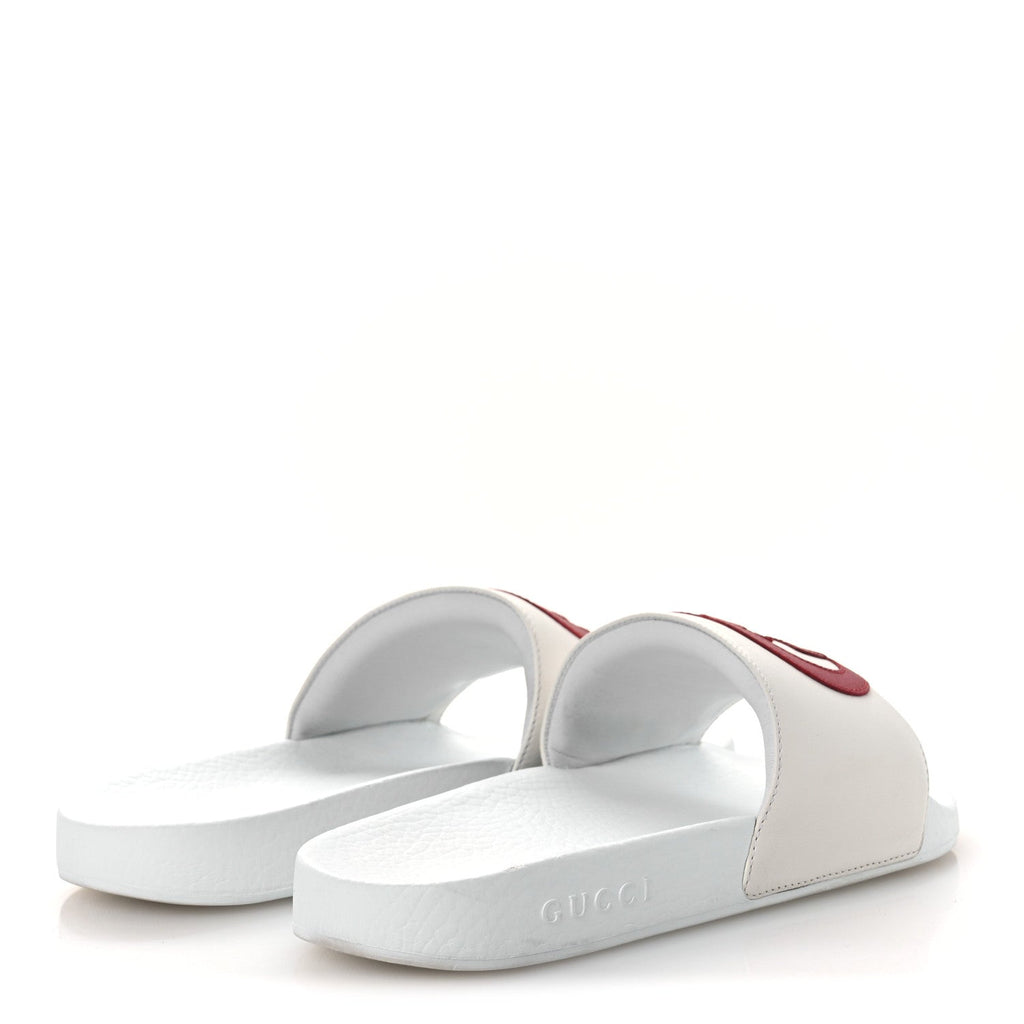 Gucci Nappa Miro Soft Calfskin Interlocking G Mens Slide Sandals 6 White Hibiscus Red