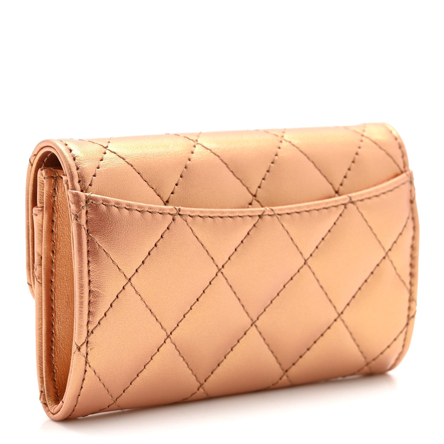 Metallic Lambskin Quilted Flap Card Holder Wallet Golden