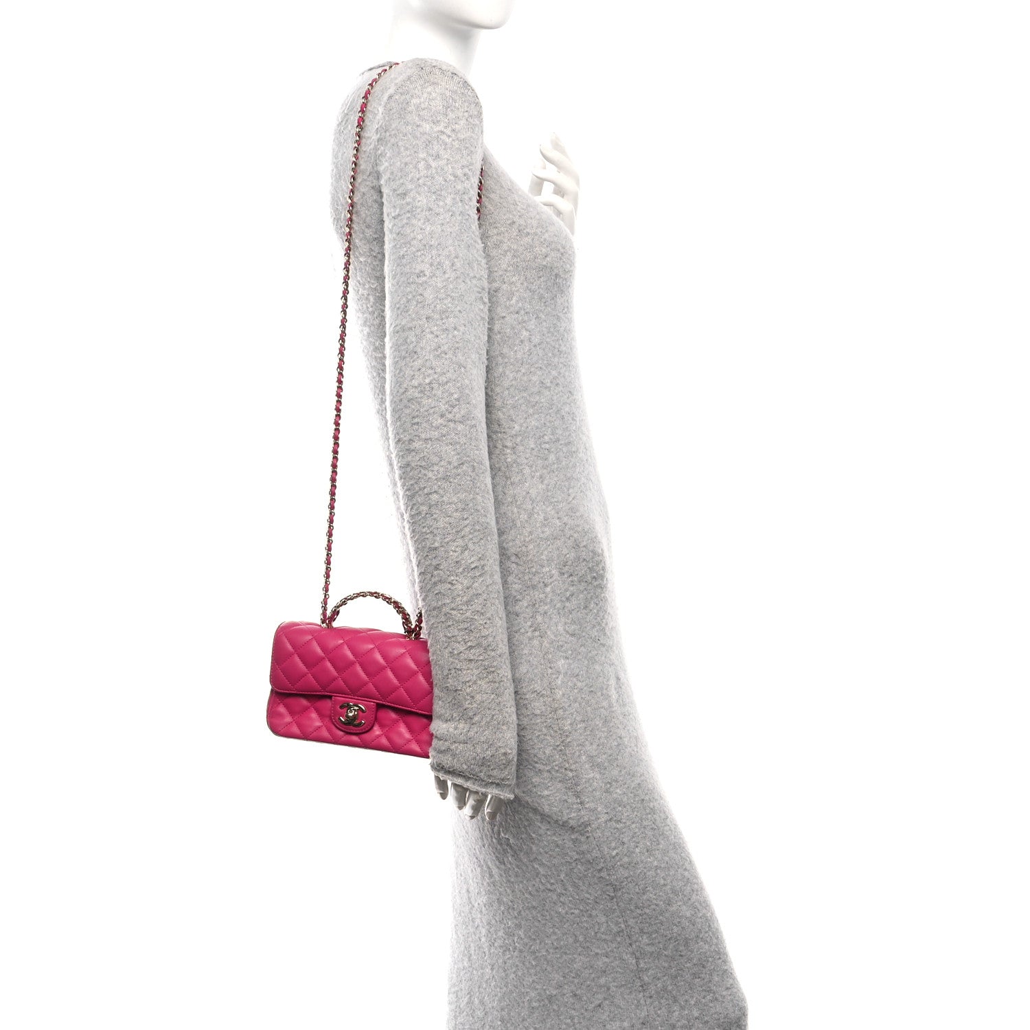 Chanel Lambskin Quilted Mini Crystal Top Handle Rectangular Flap Dark Pink