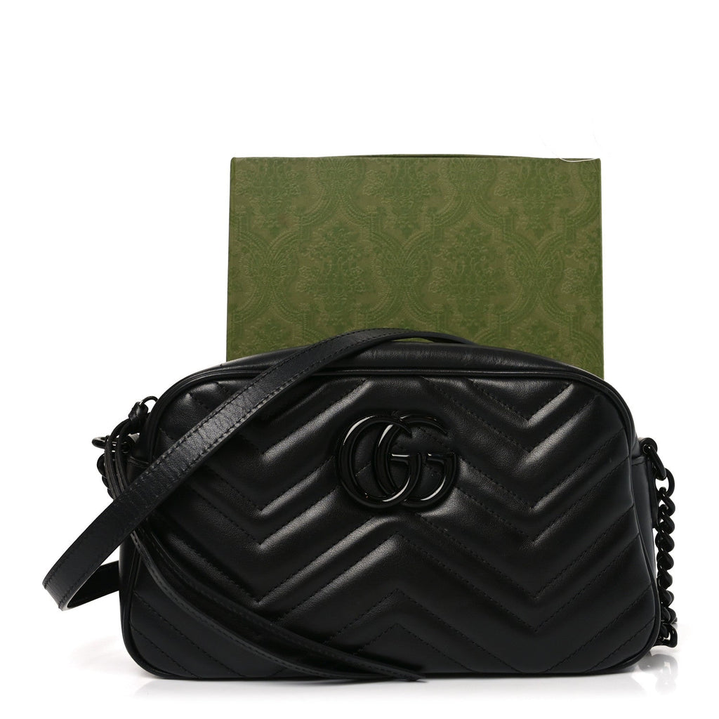 Gucci Calfskin Matelasse Monochrome Small GG Marmont Chain Shoulder Bag Black