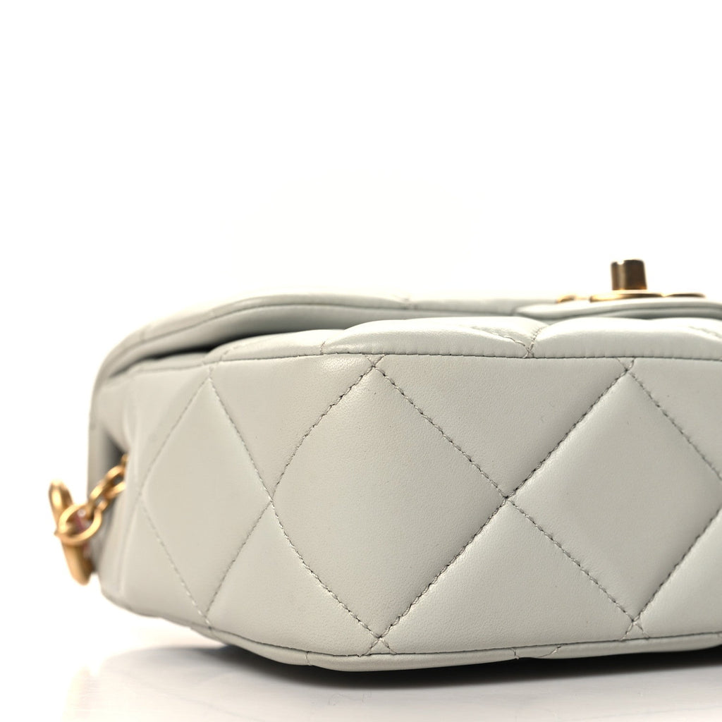 Chanel Lambskin Enamel Pearl Quilted Mini Charm Me Square Flap Light Blue