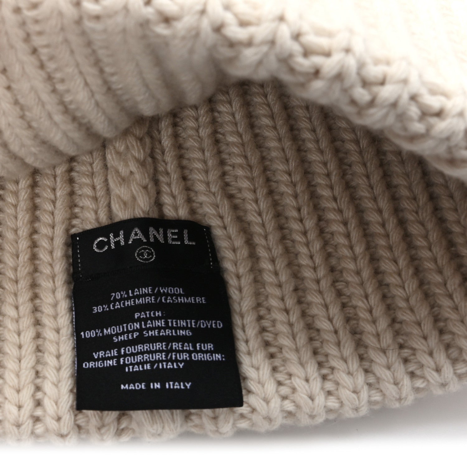 Chanel Wool Cashmere Sheepskin Shearling CC Patch Beanie Hat  Ecru Dark Beige