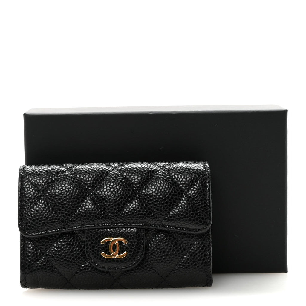 Caviar Quilted Flap Card Holder Wallet Black