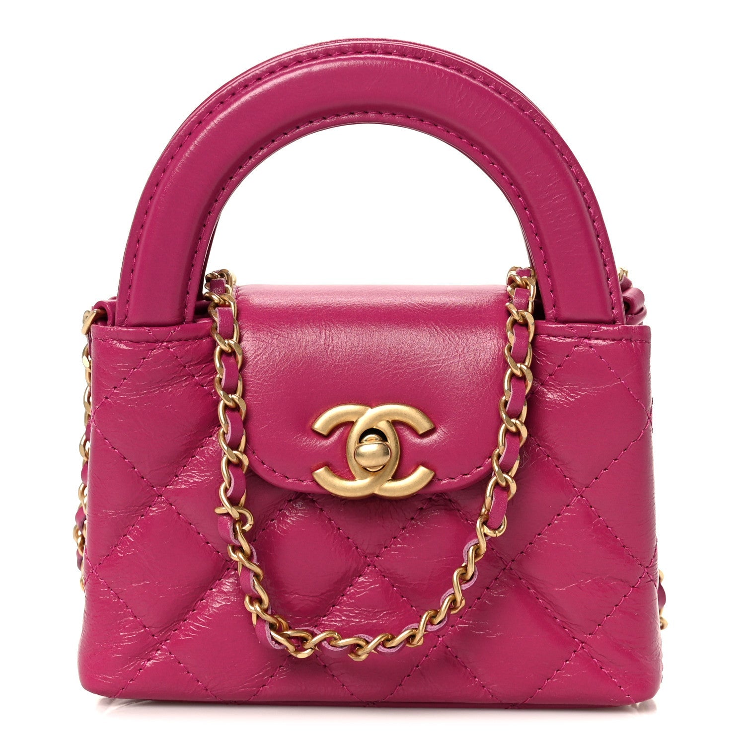 Chanel Shiny Aged Calfskin Quilted Mini Nano Kelly Shopper Dark Pink
