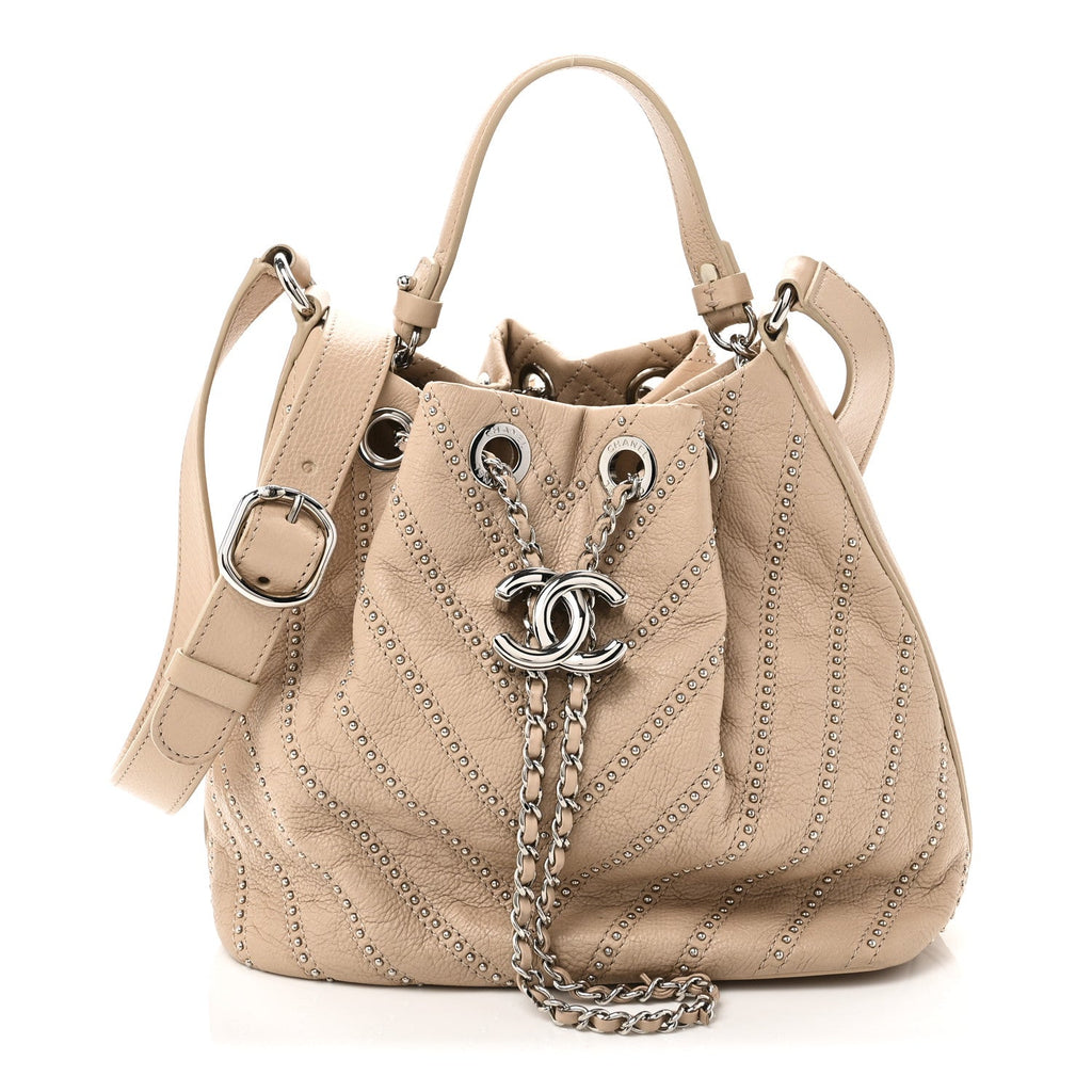 Chanel Calfskin Studded Chevron Quilted Small Stud Wars Drawstring Bag Beige