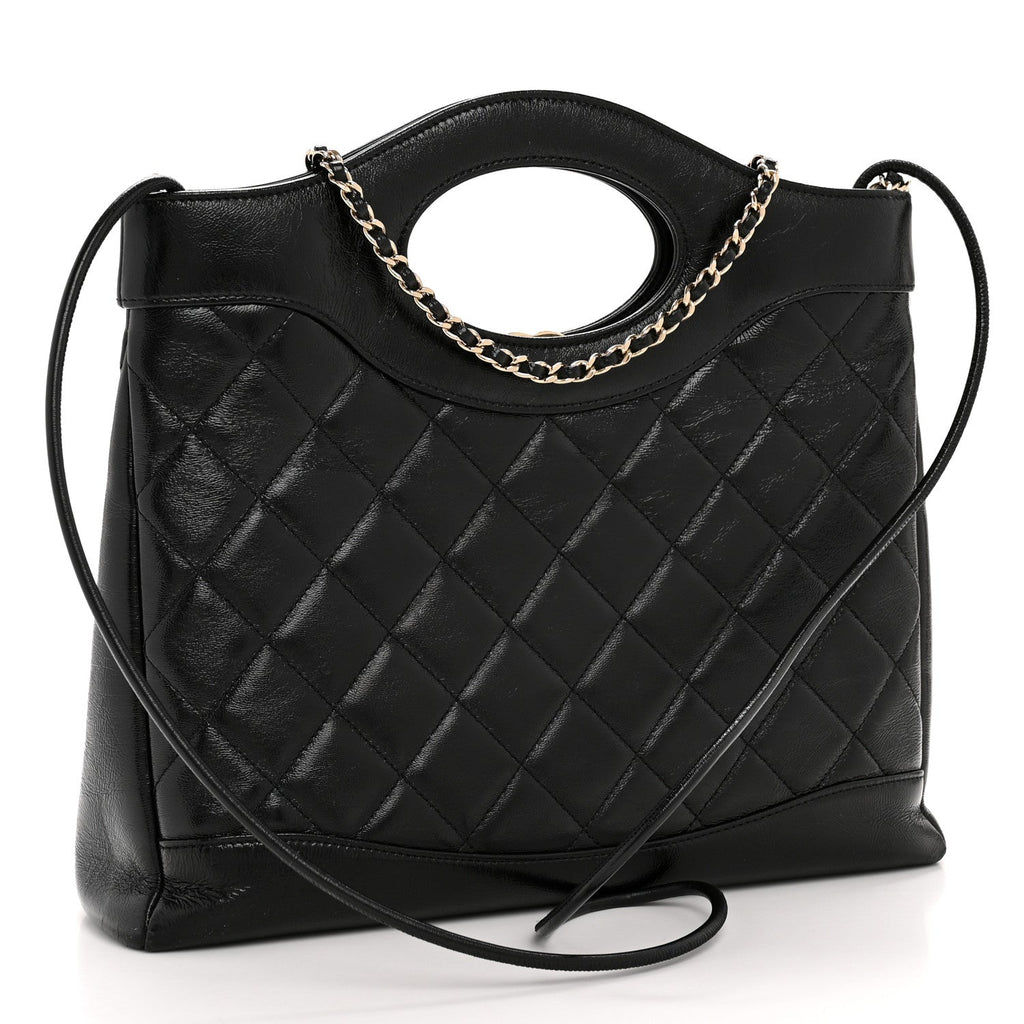 Chanel Shiny Crumpled Calfskin Quilted Small 31 Shopping Bag Black