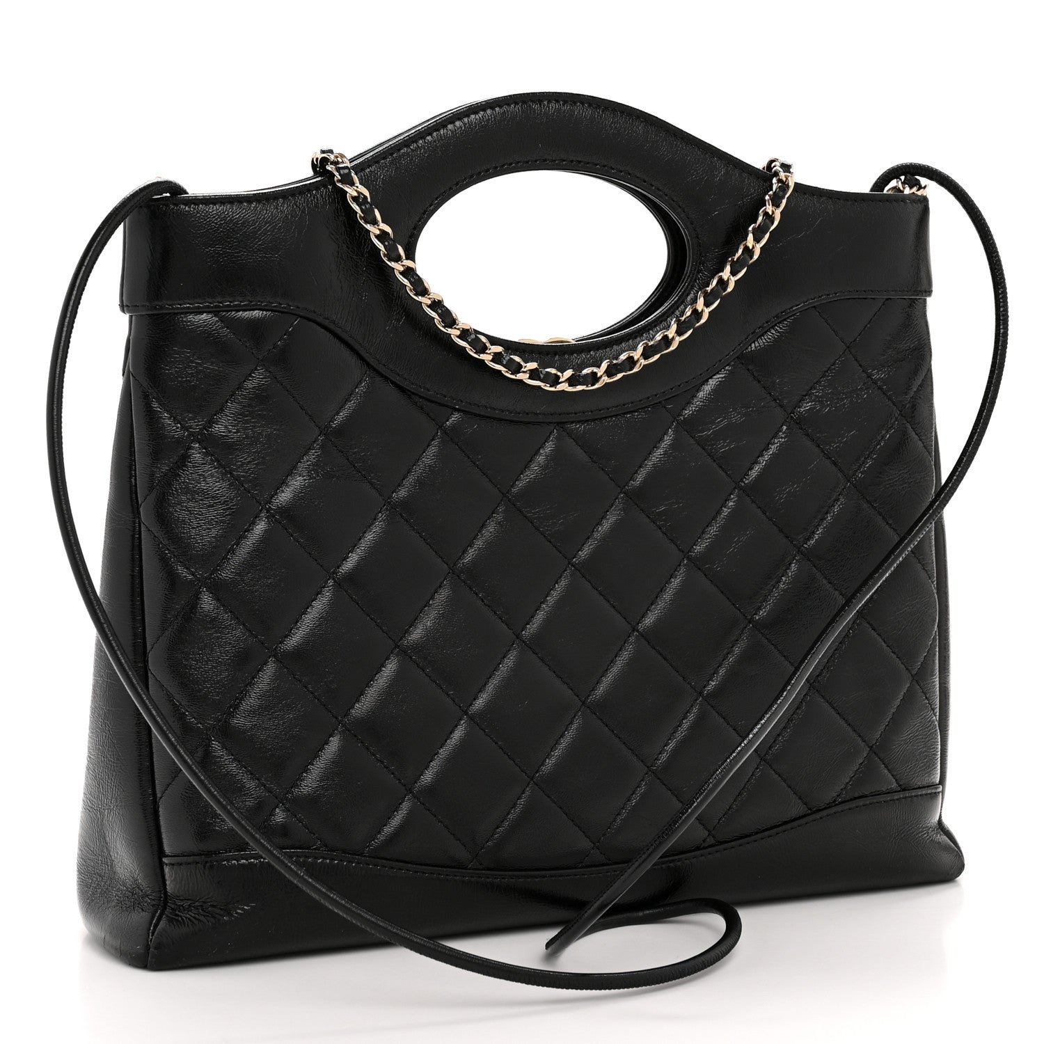 Chanel Shiny Crumpled Calfskin Quilted Small 31 Shopping Bag Black