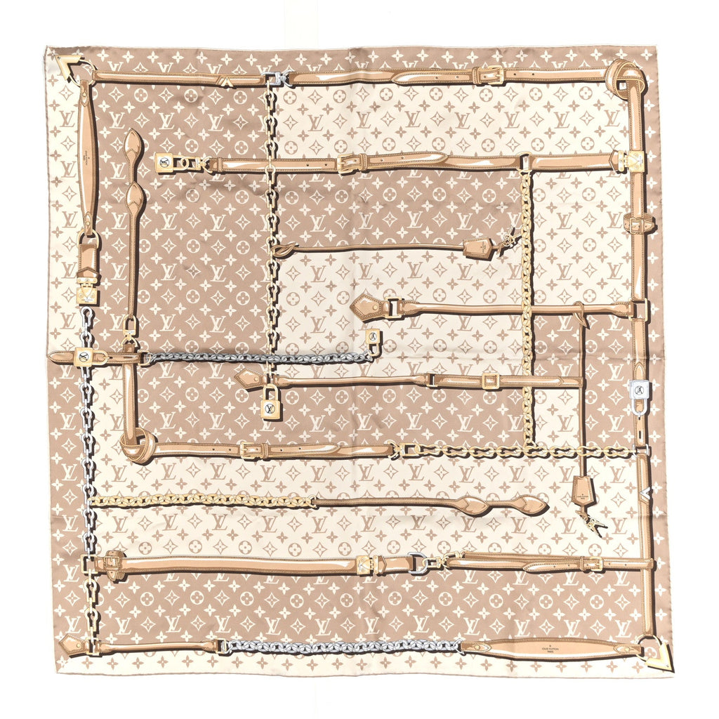 Louis Vuitton Silk Monogram Denimgram Confidential Square 90 Scarf Beige
