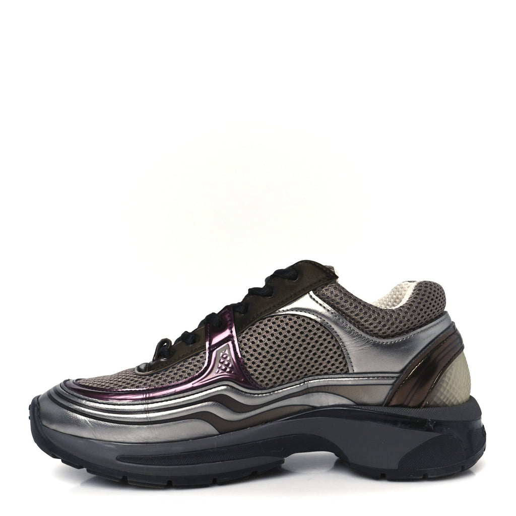 Fabric Laminated Calfskin Stretch CC Womens Sneakers 37 Khaki Silver Dark Purple