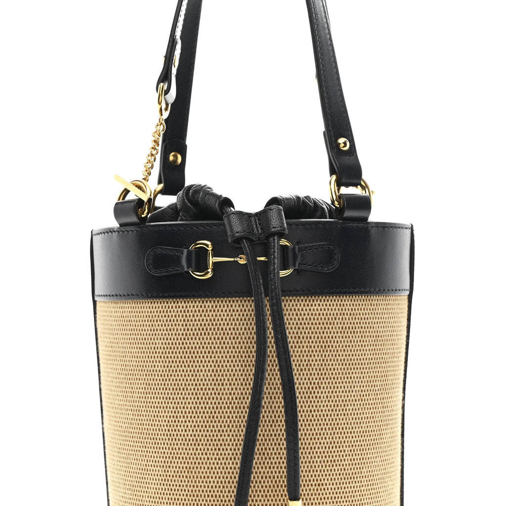 Gucci Canvas Calfskin Small Horsebit 1955 Drawstring Bucket Bag Natural Black