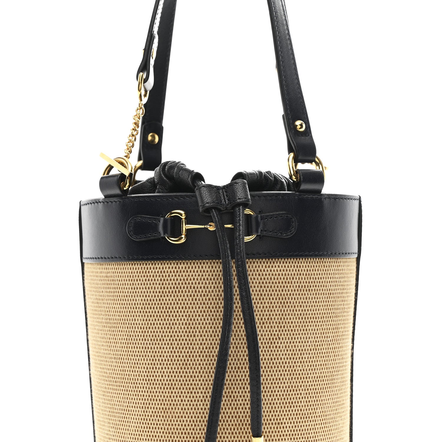 Gucci Canvas Calfskin Small Horsebit 1955 Drawstring Bucket Bag Natural Black