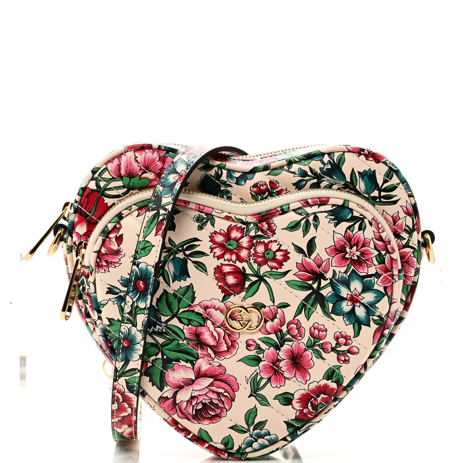 Gucci Calfskin Matelasse Diagonal Brit Roses Print Mini Interlocking G Heart Shoulder Bag  White Multicolor