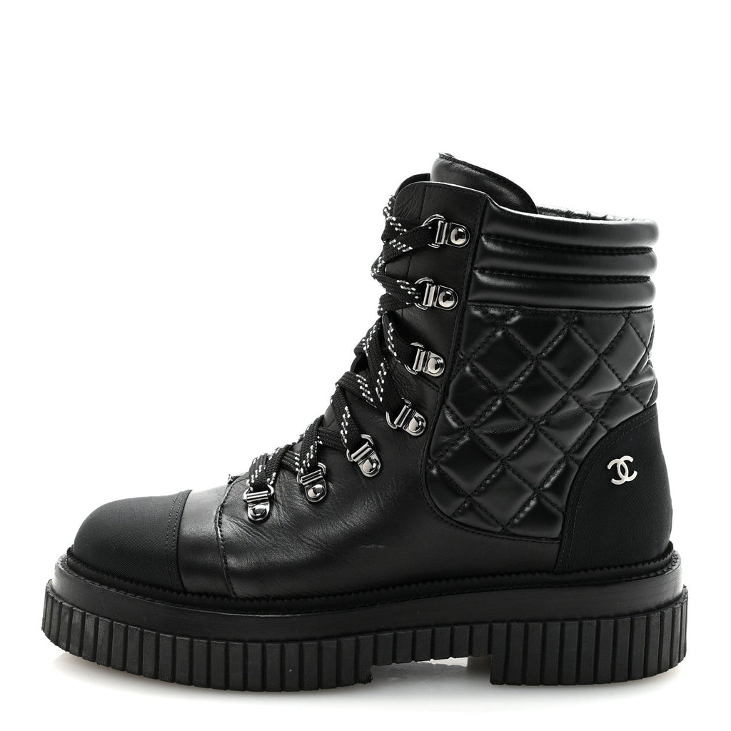 Calfskin Grosgrain Quilted Lace Up Boots 38.5 Black Grey