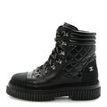 Calfskin Grosgrain Quilted Lace Up Boots 38.5 Black Grey